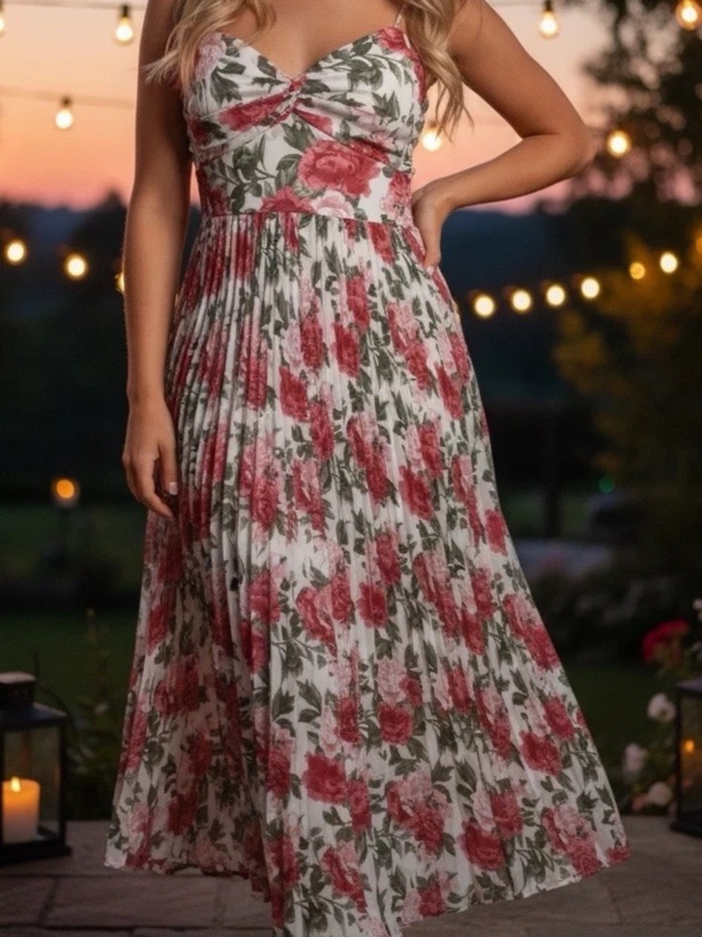 NWOT Blue Rain Francesca’s Red Floral Pleated Bustier Maxi Dress Size S